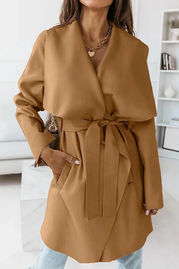 Solid Front Belt Long Sleeve Coat