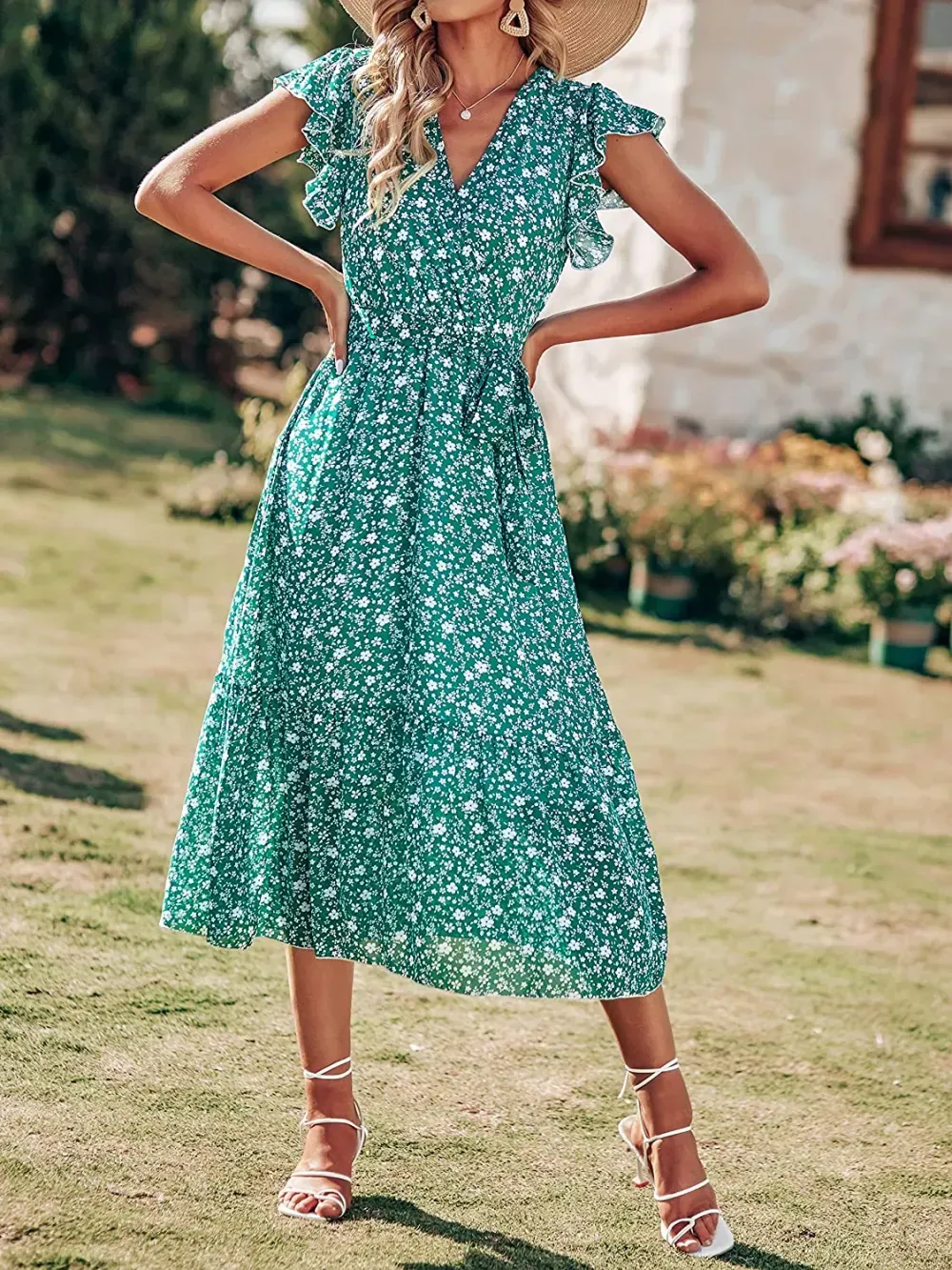 Women Summer Bohemian Floral Casual Wrap V Neck Ruffle Cap Sleeveless Belt A-Line Pleated Hem Swing Midi Sun Dress