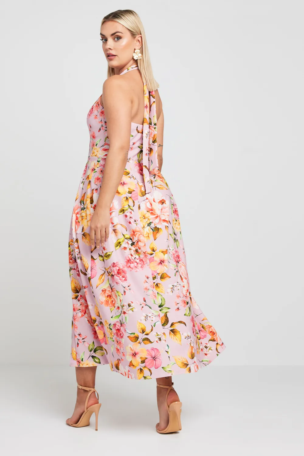 YOURS Curve Pink Floral Print Halter Neck Midaxi Dress