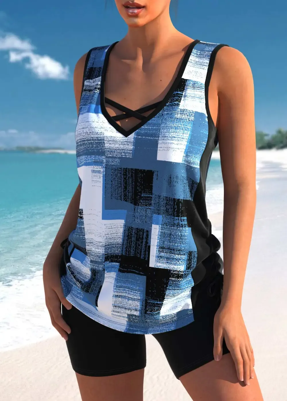 Floral Print Black Cross Strap Tankini Set
