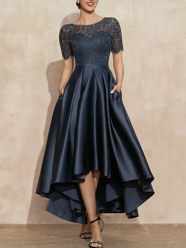 A-Line Scoop Neck Asymmetrical Satin Lace Mother of the Bride Dress With Pockets