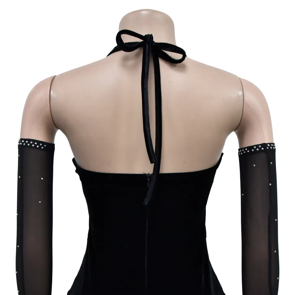 Rhinestone Decor Halter Corset Slit Fishtail Hem Gowns Maxi Dresses-Black