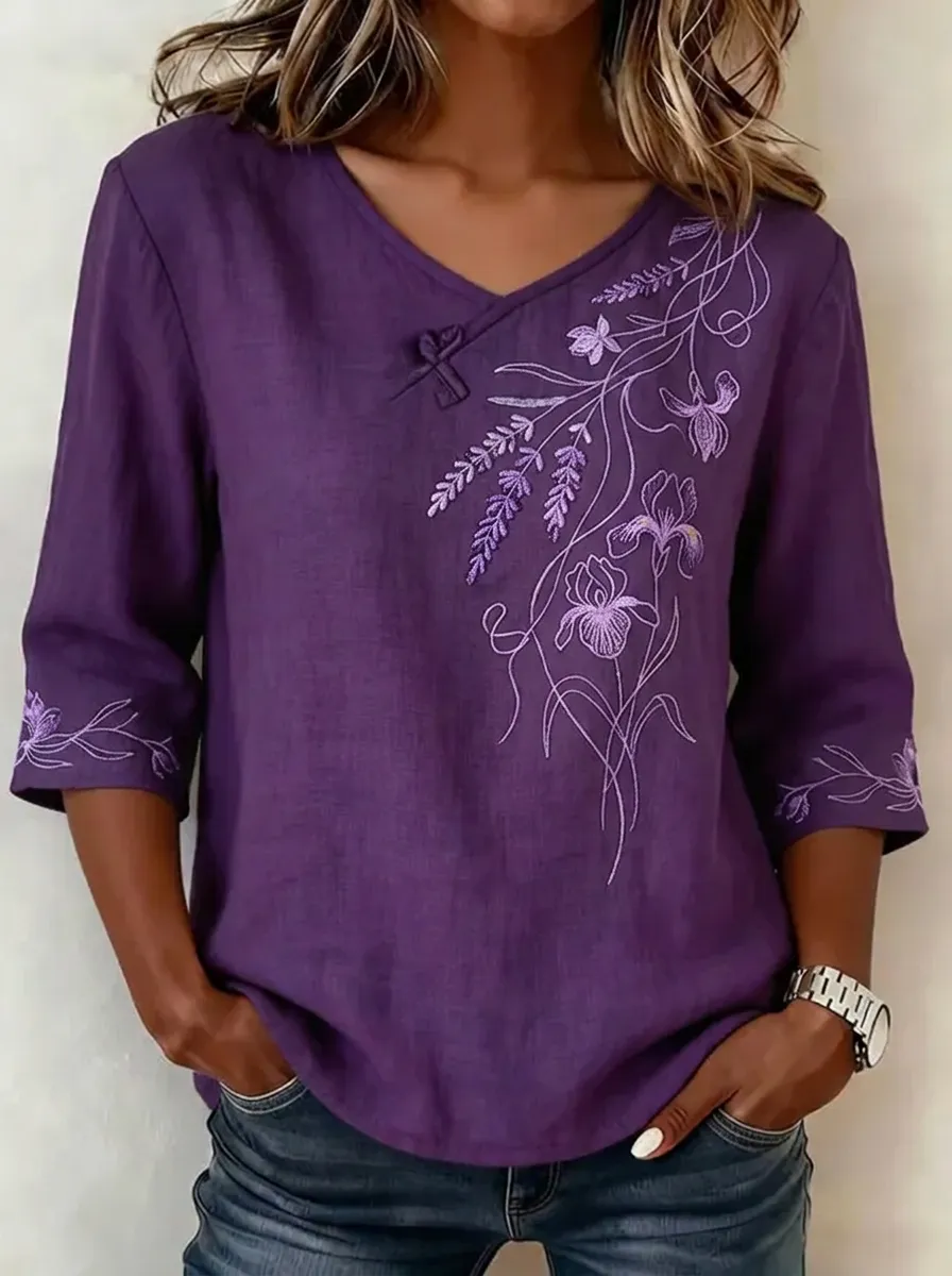 Women's Nashville Floral Embroidery Printed V-neck Top