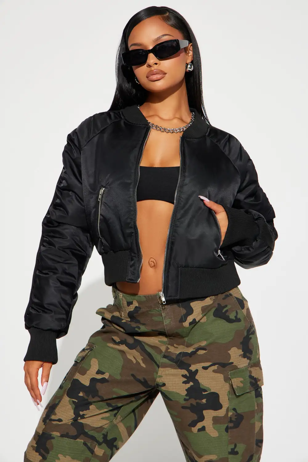 Isabella Ruched Bomber Jacket - Black