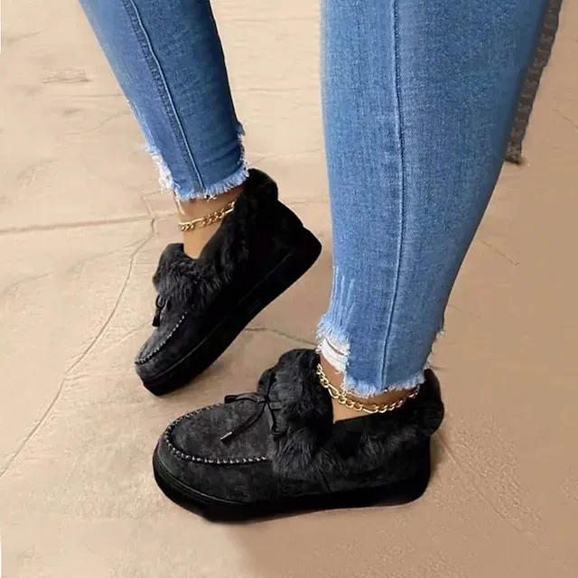 Women's Boots Snow Boots Suede Shoes Outdoor Office Daily Fleece Lined Booties Ankle Boots Winter Bowknot Flat Heel Round Toe Casual Sweet Walking Suede Loafer Leopard Solid Colored claret Leopard