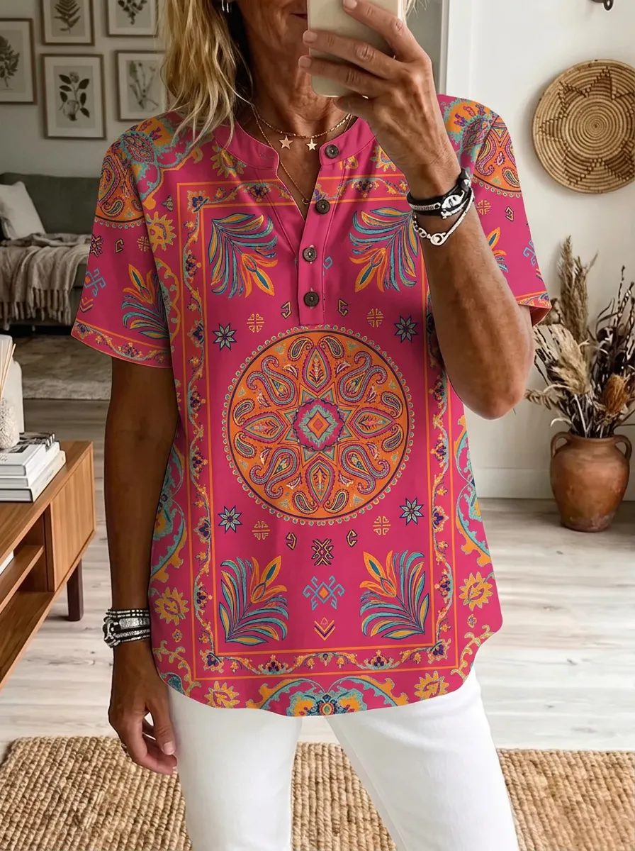Women's Nashville Boho Paisley Mandala Printed Henley Shirt