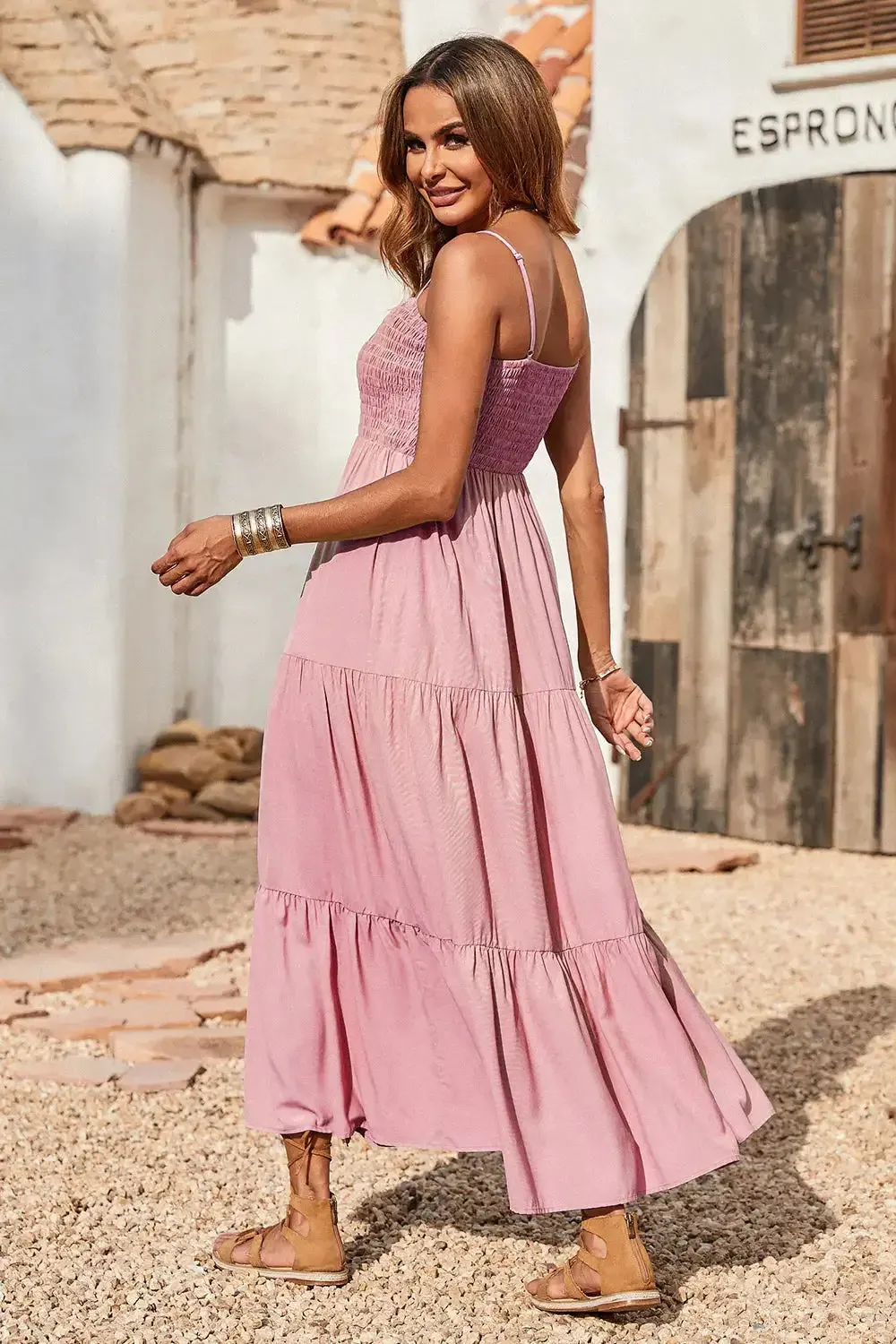 Sleeveless Spaghetti Strap Smocked Tiered Maxi Dress