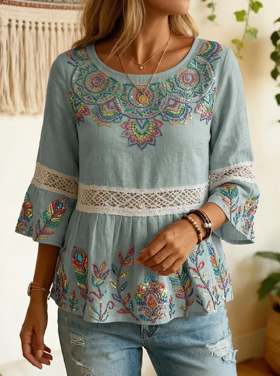 Women's Nashville Boho Mandala Feather Printed Peplum Top