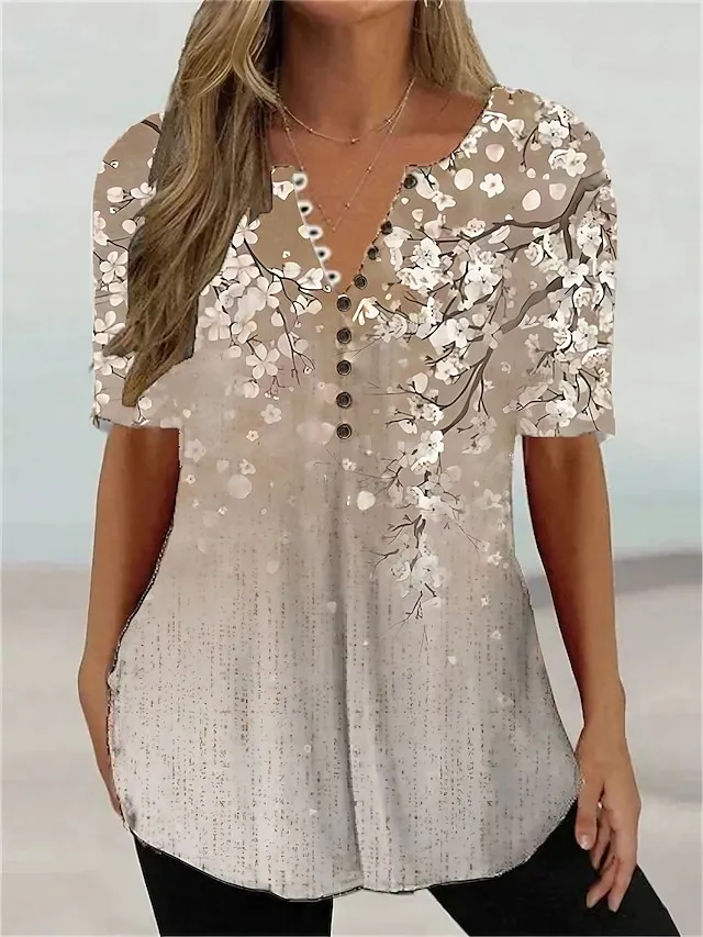 Women's T shirt Tee Henley Shirt Floral Holiday Weekend Grass Green Light Green Red Button Print Short Sleeve Tunic Basic Round Neck Regular Fit