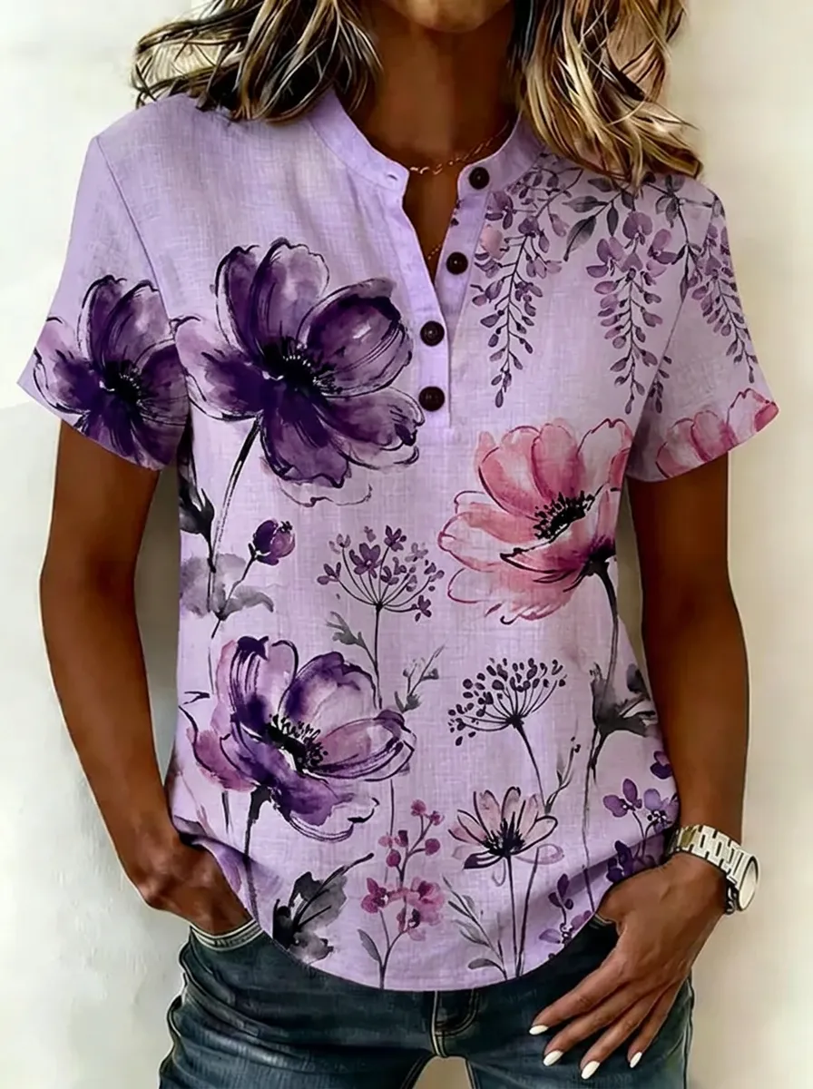 Women's Nashville Floral Botanical Printed Henley Shirt