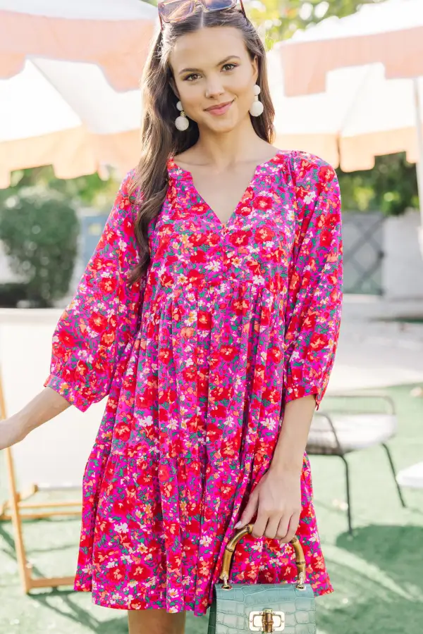 Can't Be Outdone Fuchsia Pink Ditsy Floral Babydoll Dress