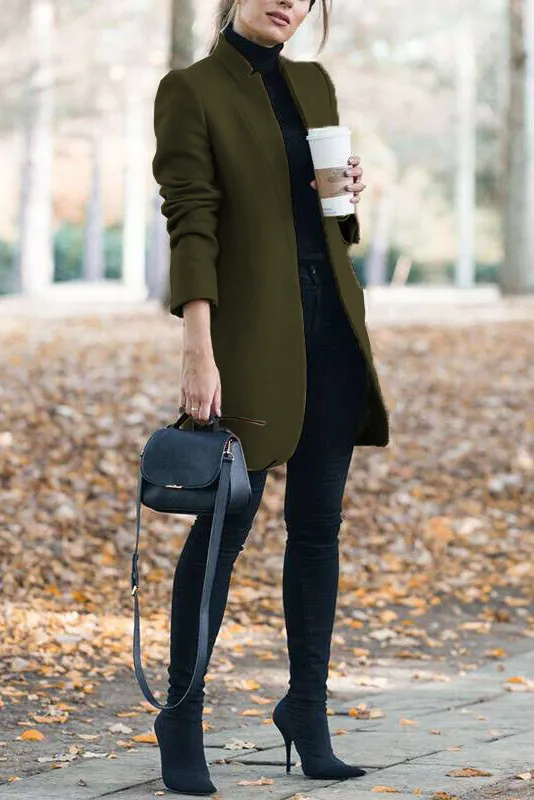 Solid standing collar slim long faux woolen coat