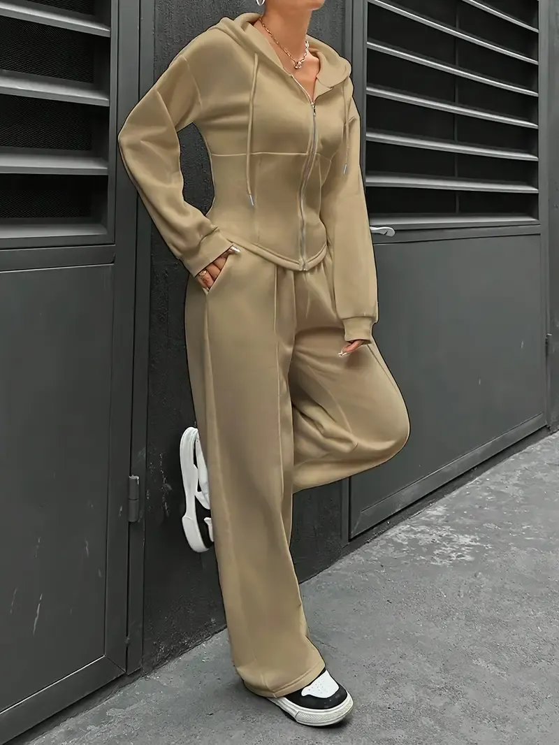 Women's Elegant Solid Color Polyester Hooded Tracksuit Set with Drawstring and Zipper Details – Knit Fabric Pantsuit for All Seasons