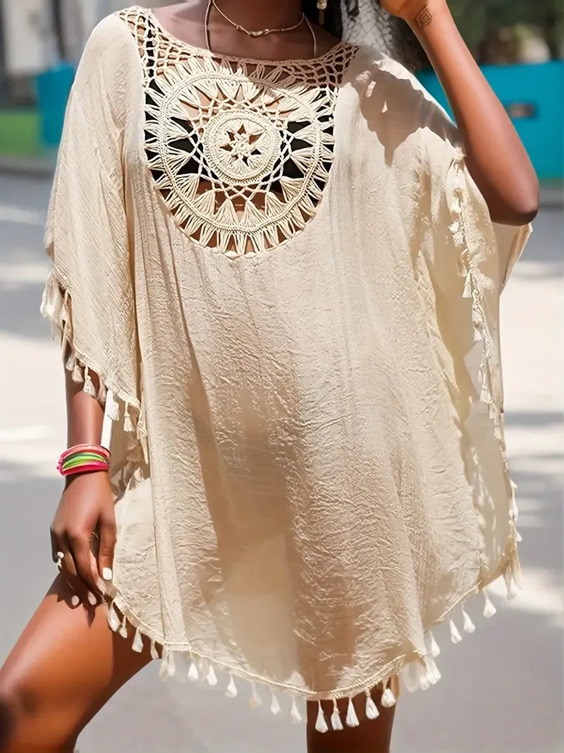 Tassel Decor Cover Up Dress, Round Neck Loose Fit Crochet Decor Beach Kaftan, Women's Swimwear & Clothing for carnival & Music Festival For Holiday