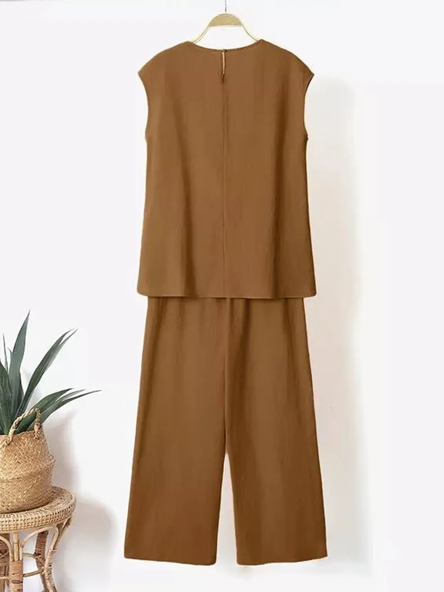 Summer Cotton Linen Loosen Casual Sleeveless Top And Pants Suit