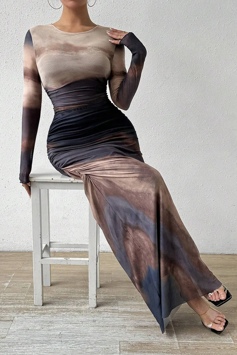 Women's Tie Dye Long Sleeve Pleated Dress
