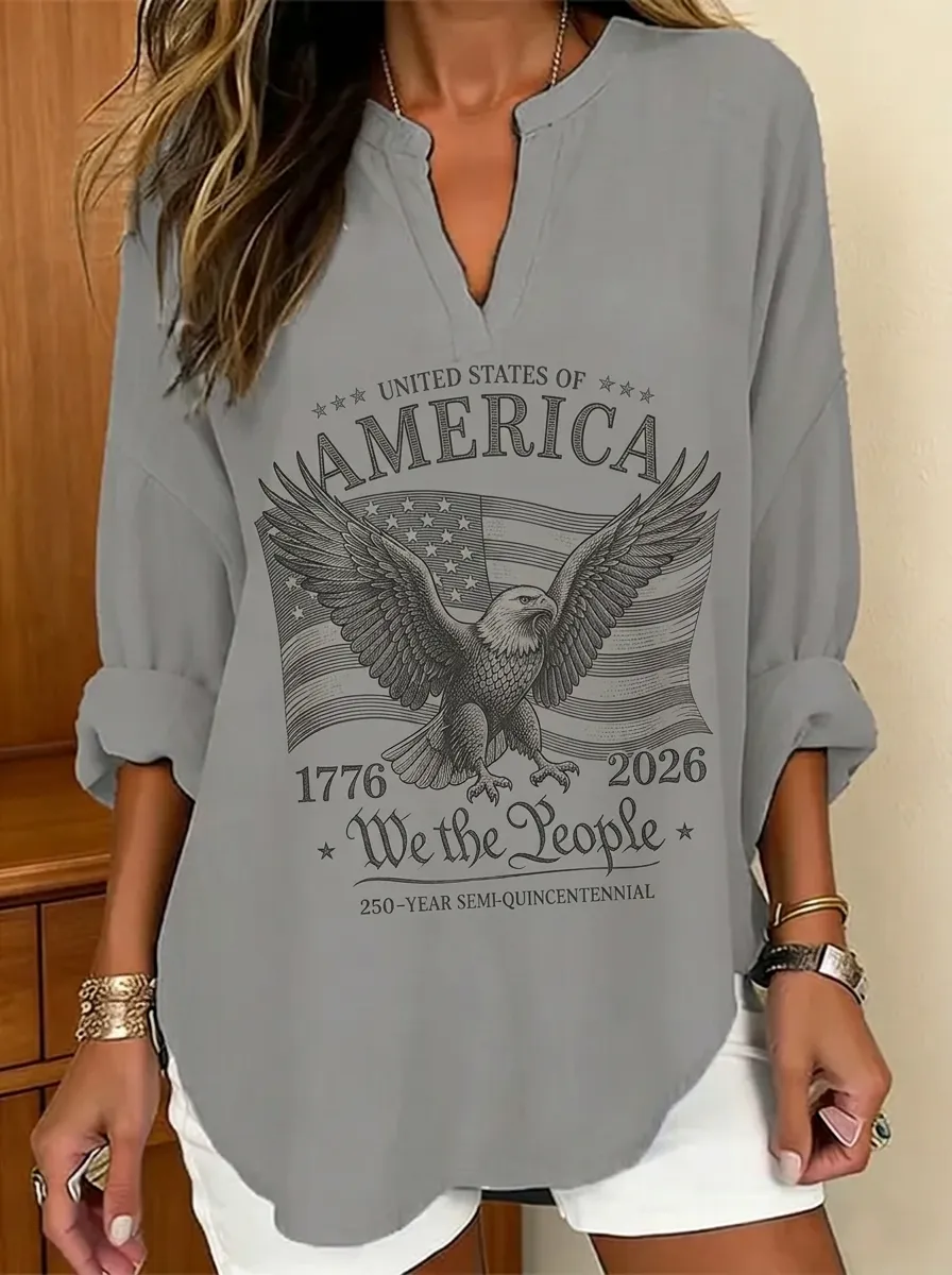 Women's Nashville USA Eagle Flag We The People Printed V-Neck Top