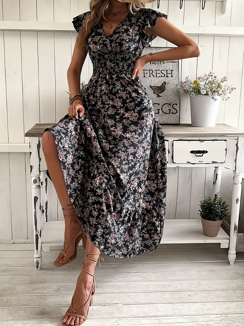 Plus Size Women's Casual V-Neck Floral Print Dress - Lightweight 100% Polyester, Machine Washable, Flowy Skirt with Puffed Shoulders & Ruffled Sleeves for Spring/Summer, Casual Summer Dress | Ruffled Hemline | Polyester Fabric
