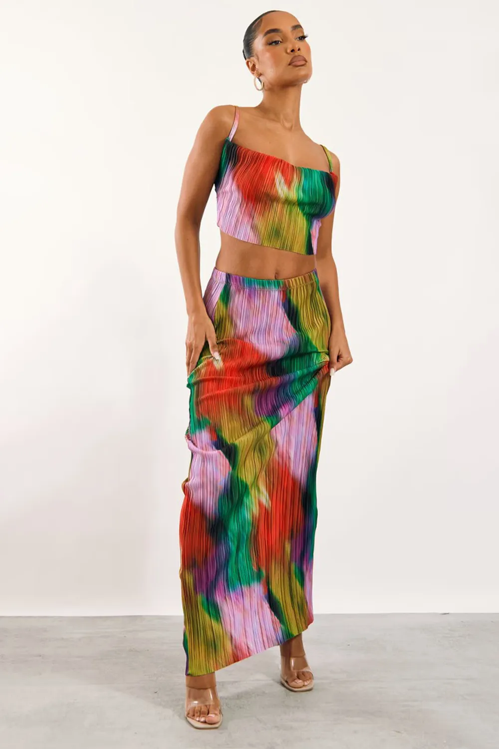 Multi Print Plisse Strappy Cowl Neck Top And Skirt Set