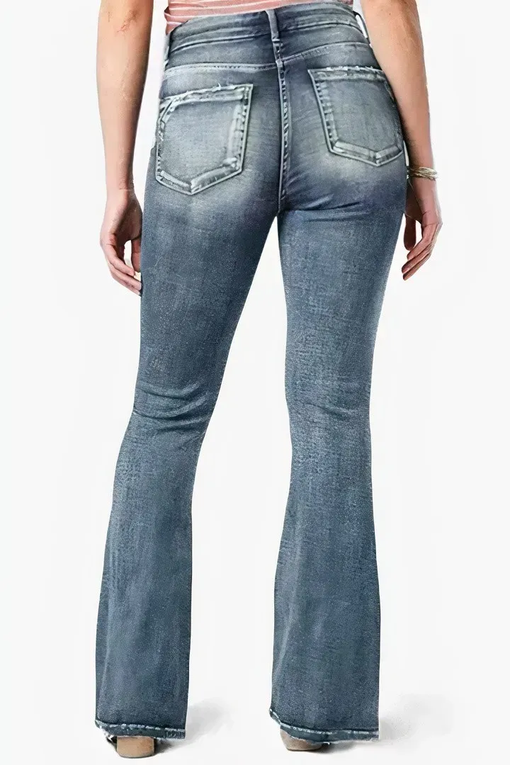 Vintage Button Side Design Mid Waist Flare Jeans