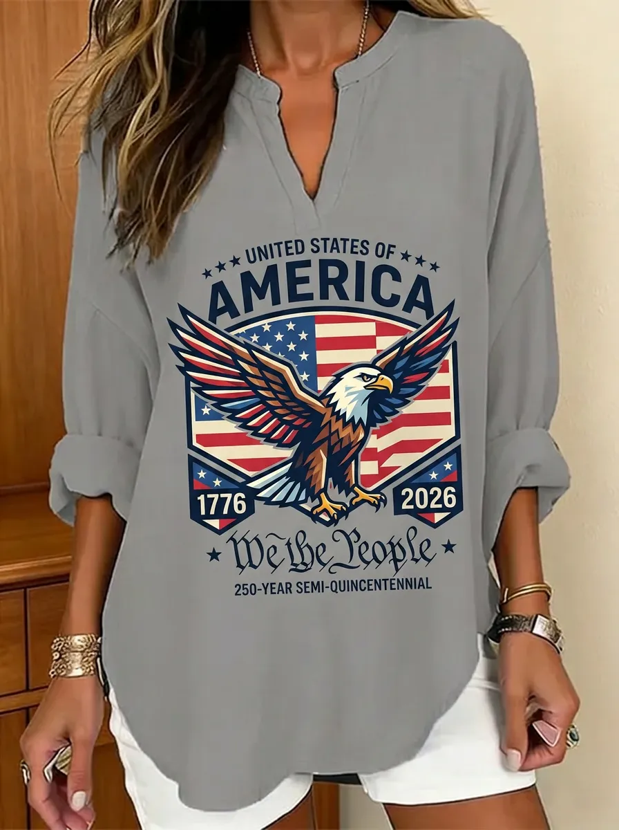 Women's USA Patriotic Eagle 1776-2026 We The People Printed V-Neck Top
