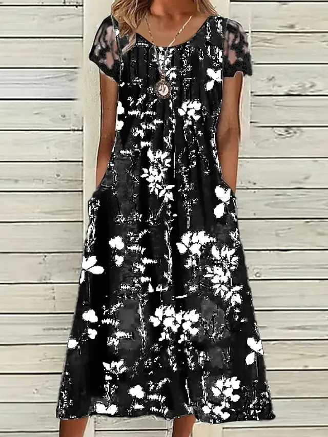 Women's Casual Dress Midi Dress White Short Sleeve Floral Ruched Dress