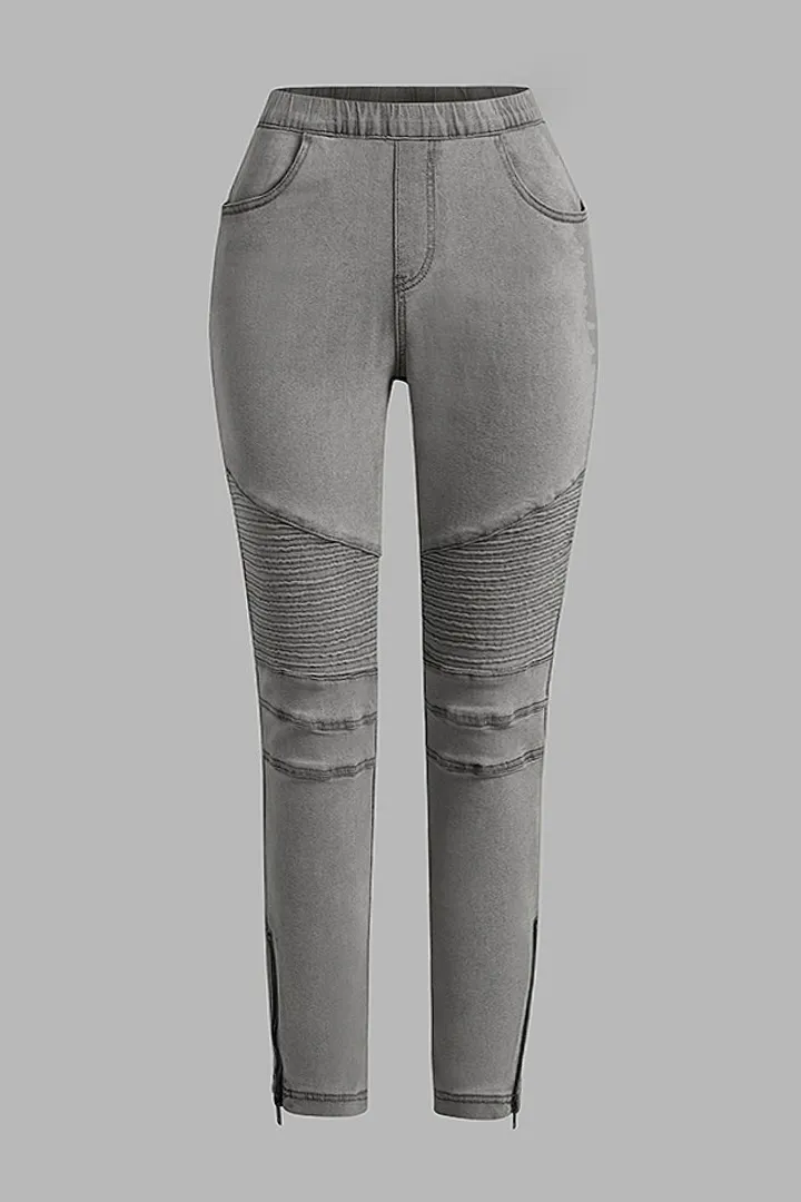 Solid Slant Pocket Zip Side Seam Detail Skinny Jeans