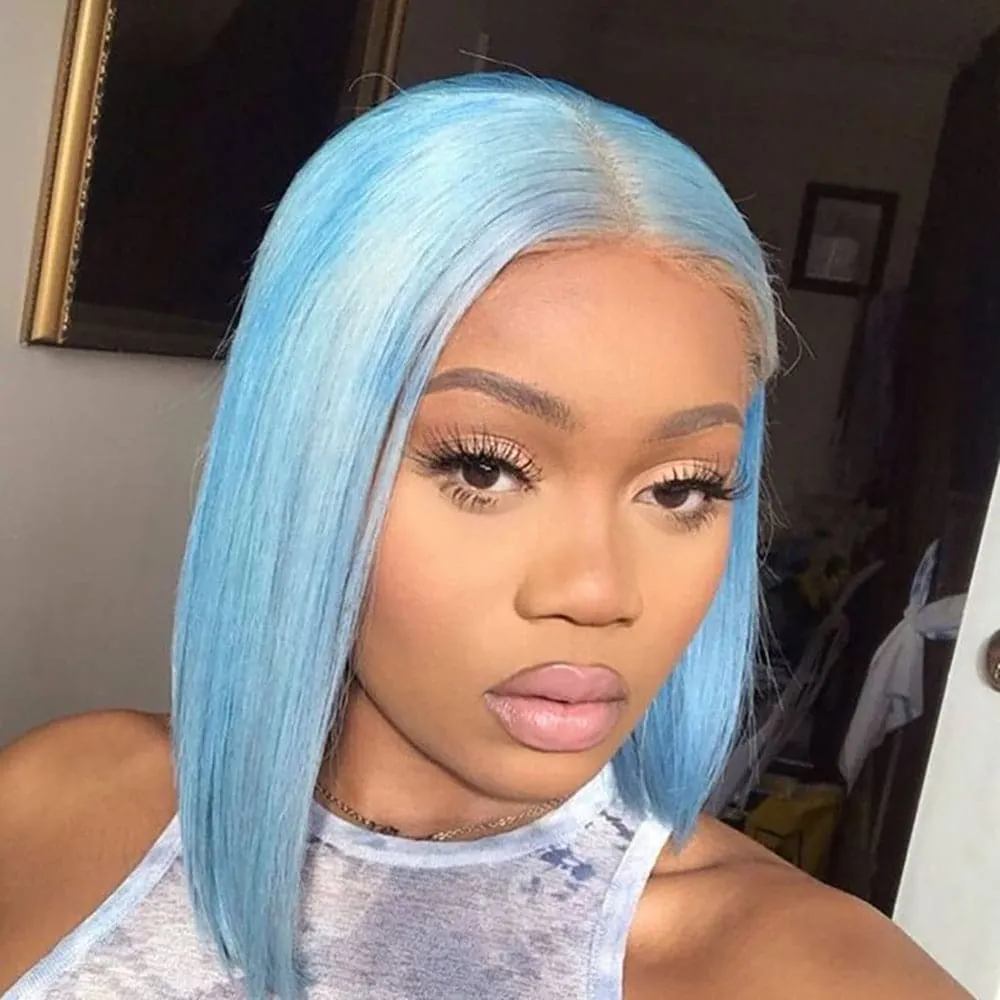 Sterly Light Blue Bob Wig Colored Straight 4x4 13x4 Bob Human Hair Wigs