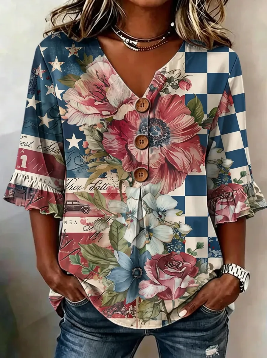 Women's Nashville Floral USA Flag Checkered Printed V-Neck Top