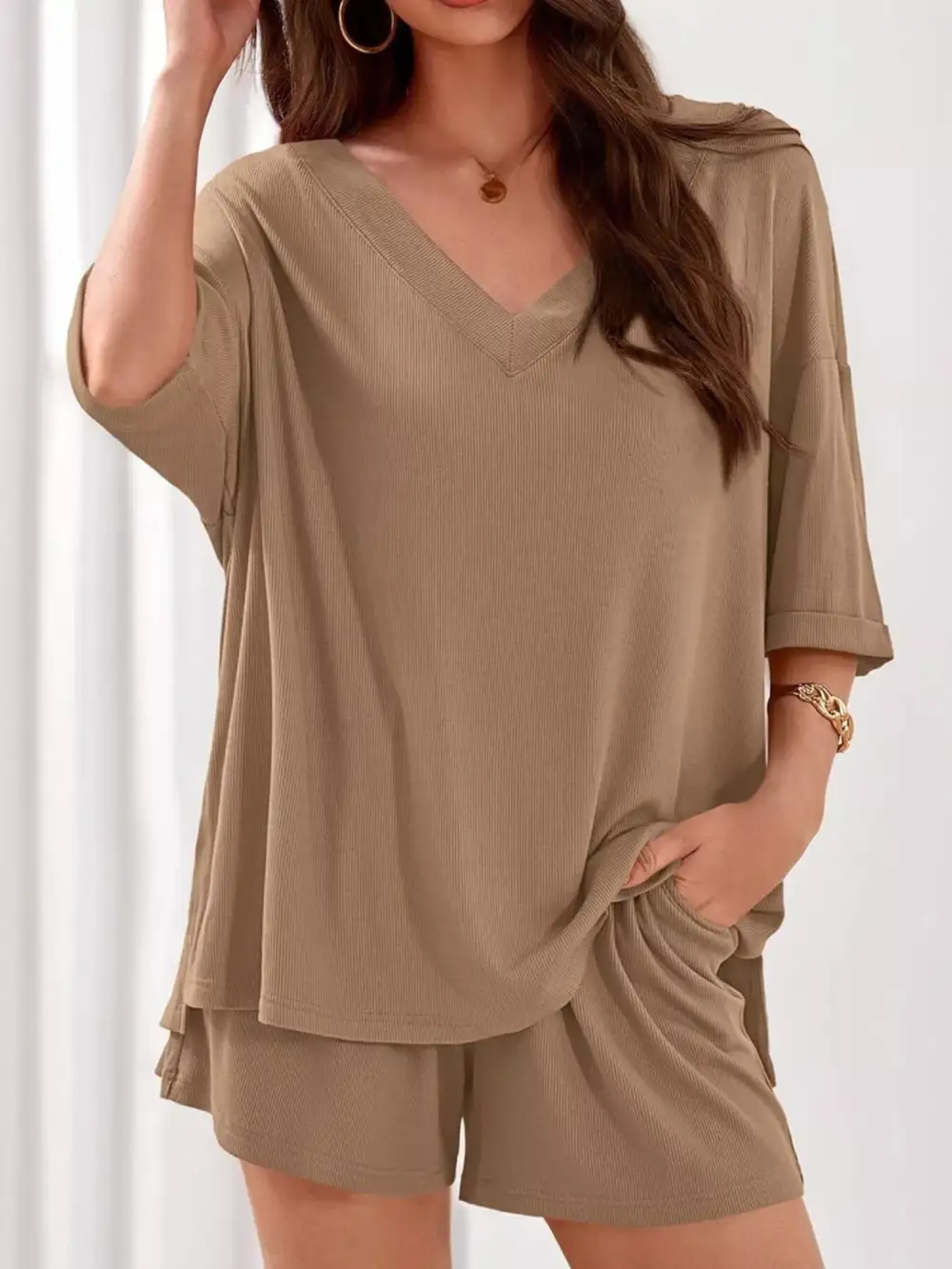 Casual V Neck Top Shorts Set