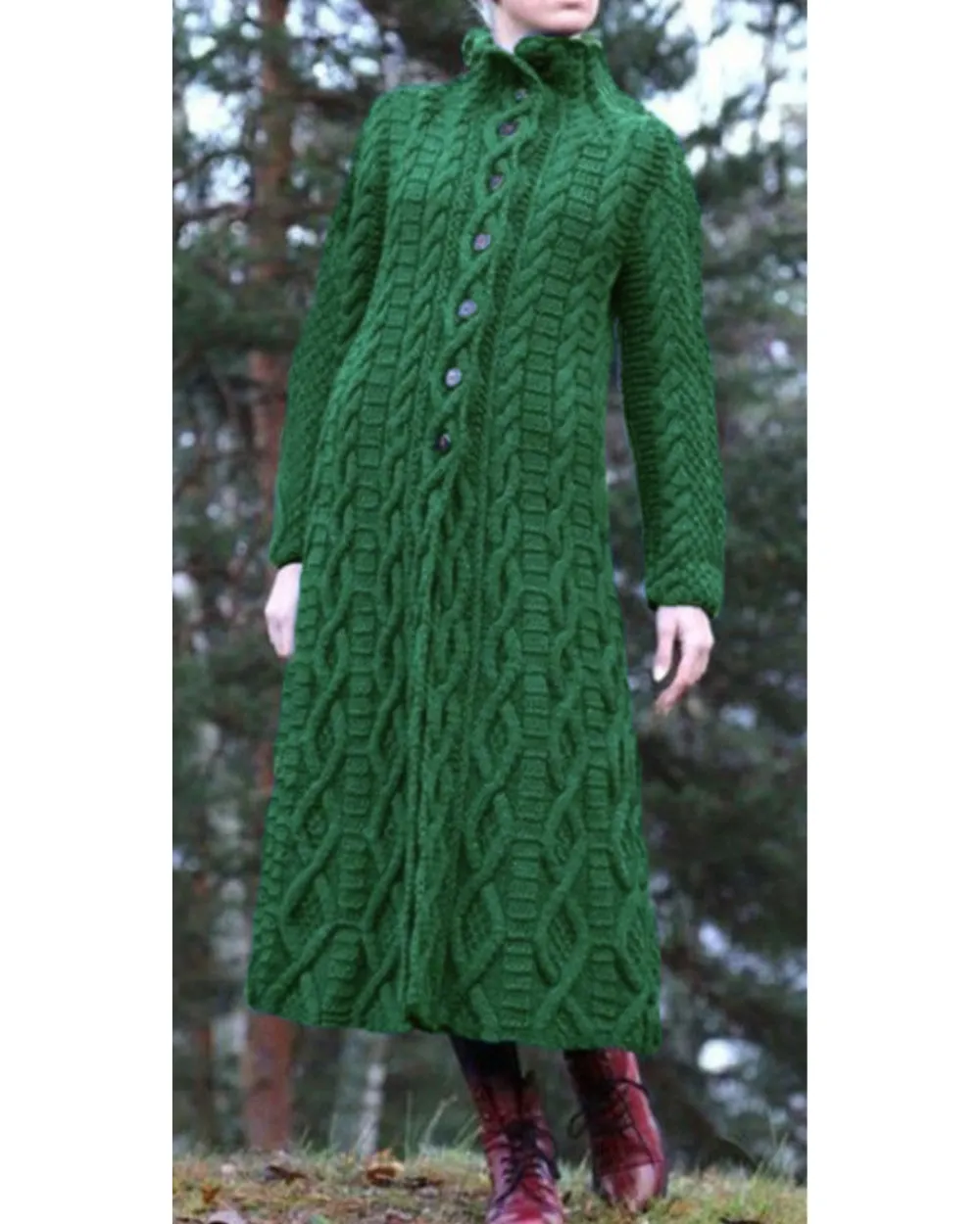Women's High Neck Chunky Twist Knit Extra Long Cardigan