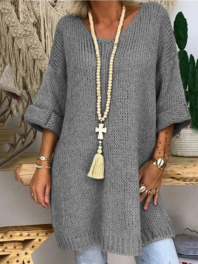 Women 3/4 Sleeves V-Neck Solid Knitted Sweaters