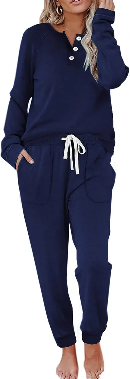 Two Piece Outfits for Women Lounge Sets Button Down Sweatshirt Sweatpants Sweatsuits Set with Pockets