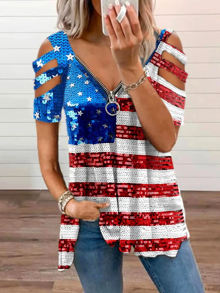 Women's Independence Day Printed V-neck Zipper Casual T-shirt