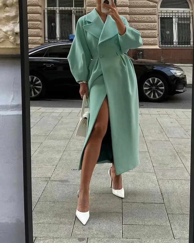 Retro Court Style Lantern Sleeve Large Lapel Long Coat
