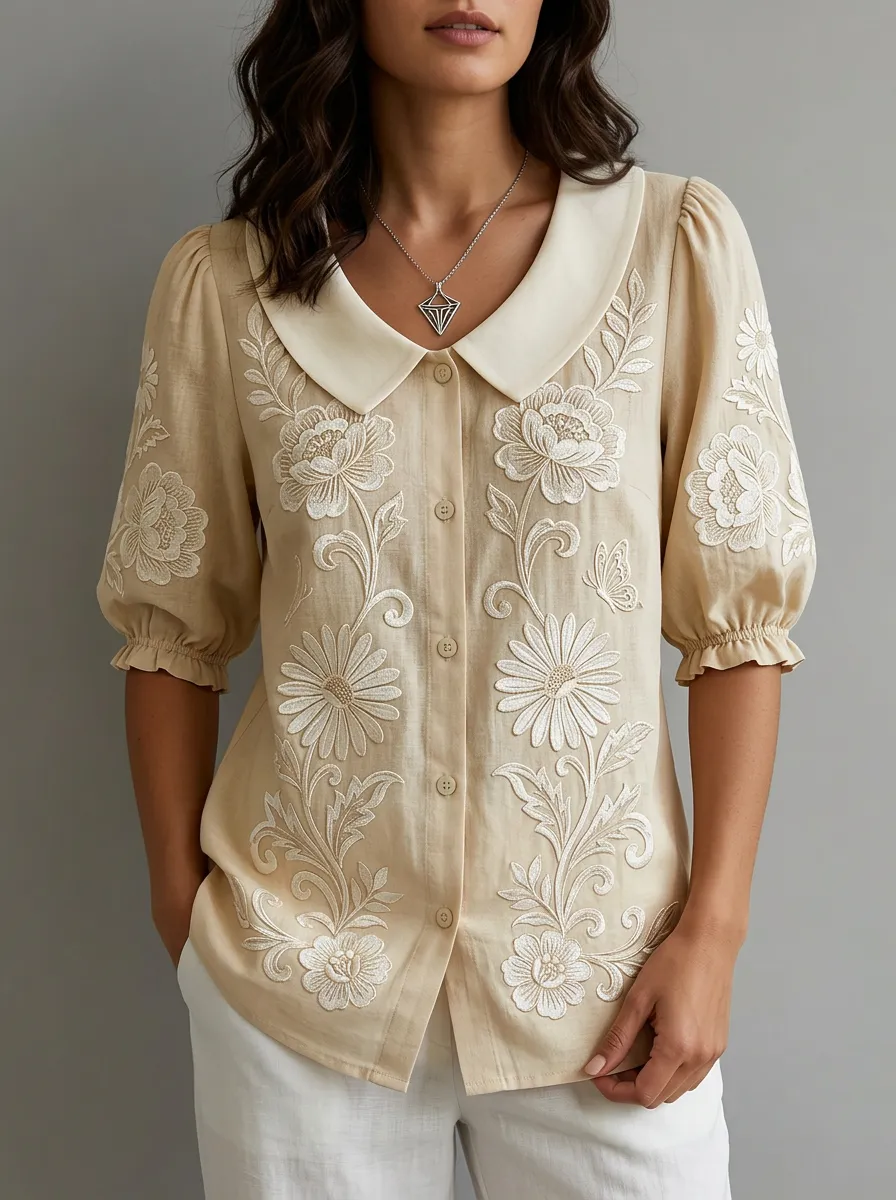 Women's Nashville Floral Embroidery Peter Pan Collar Printed Top