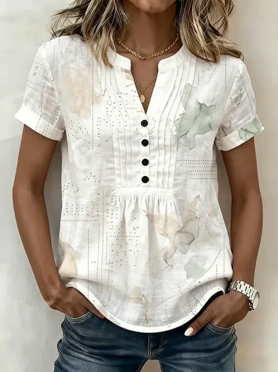 Women's Nashville Travel Abstract Watercolor Printed V-neck Top