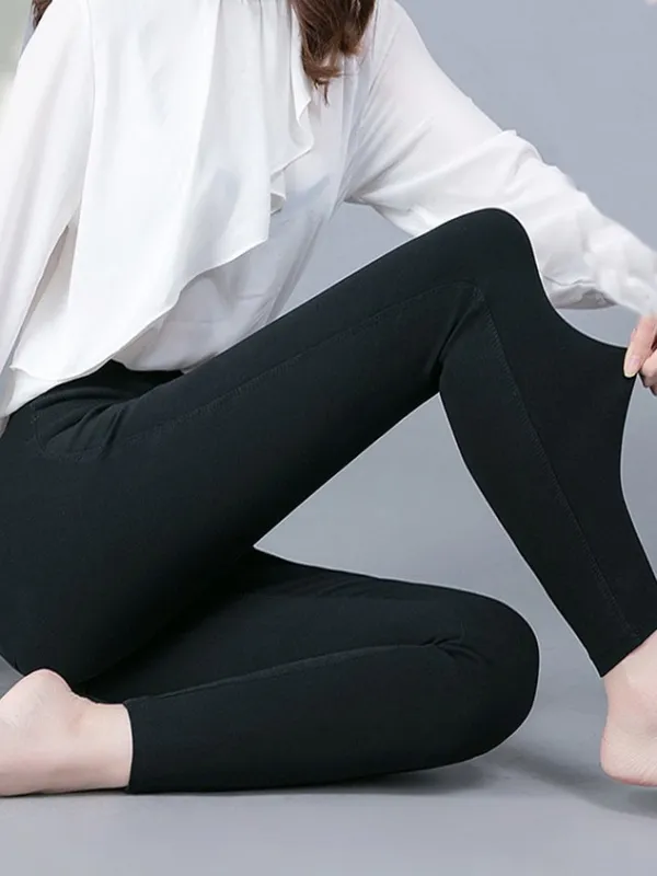 Casual Plain Autumn Lightweight Jersey Mid Waist Standard H-Line Regular Size Leggings for Women