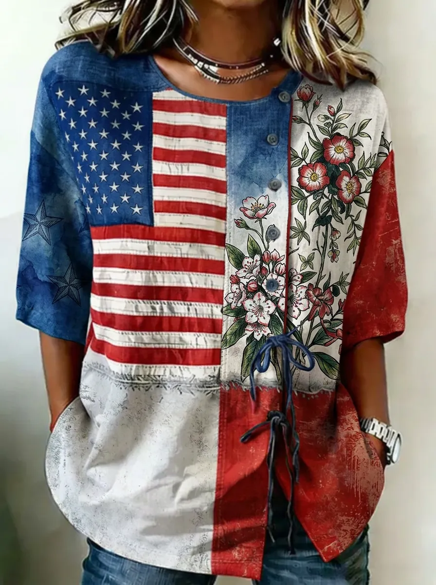 Women's Nashville American Flag Floral Printed Button Top