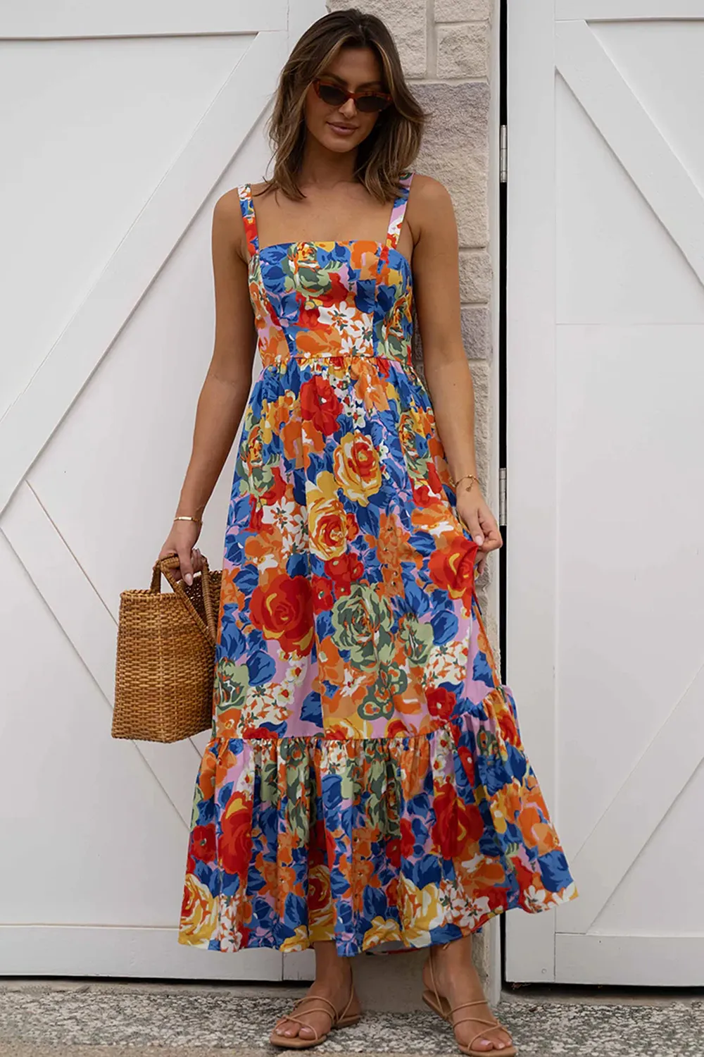 Square Neck Floral Pleated Maxi Dress