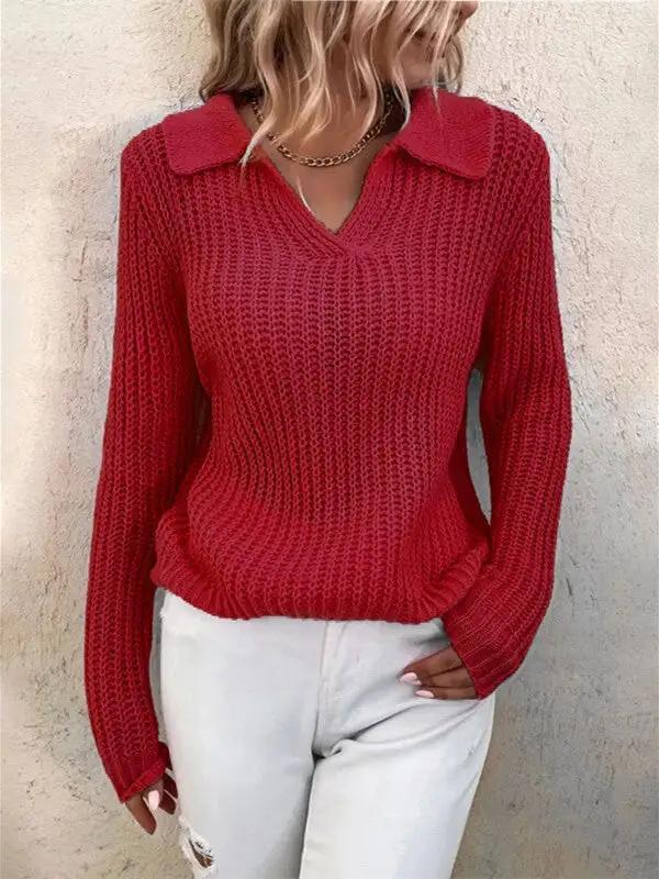 Solid Color Lapel Neck Knit Sweater