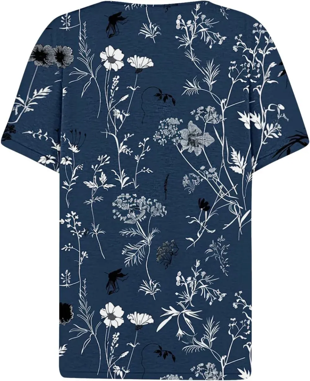Shirts for Women Casual Printed Summer Tops Short-Sleeved Button V-Neck Tops Blouse Fashion Boho T-Shirts