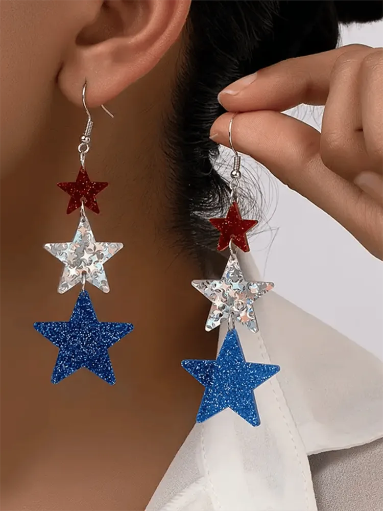 American Independence Day Five-pointed Star Three-color Stitching Glitter Simple Earrings