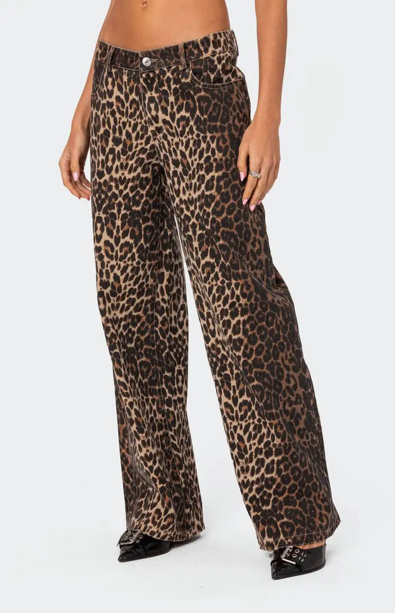 Edikted Leopard Printed Low Rise Jeans