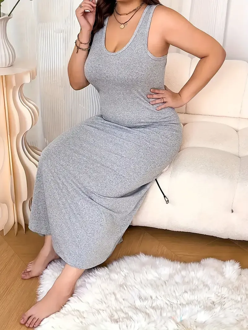 Women's Plus Casual Sleep Dress, Plus Size Solid Round Neck Racer Back Tank Nightdress