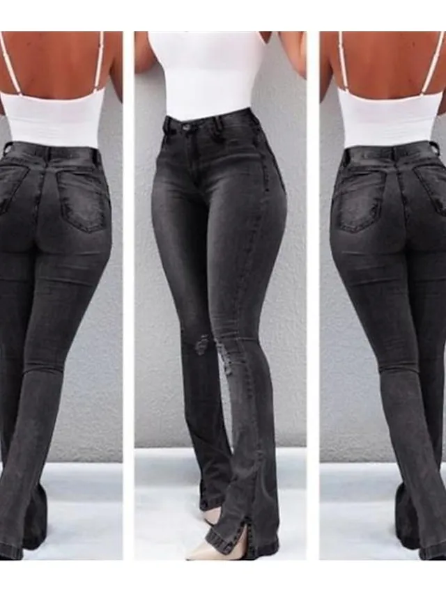 Women's Jeans Bootcut Flared Pants Full Length Denim Split Cut Out Micro-elastic Mid Waist Fashion Casual Weekend Light Blue Black S M