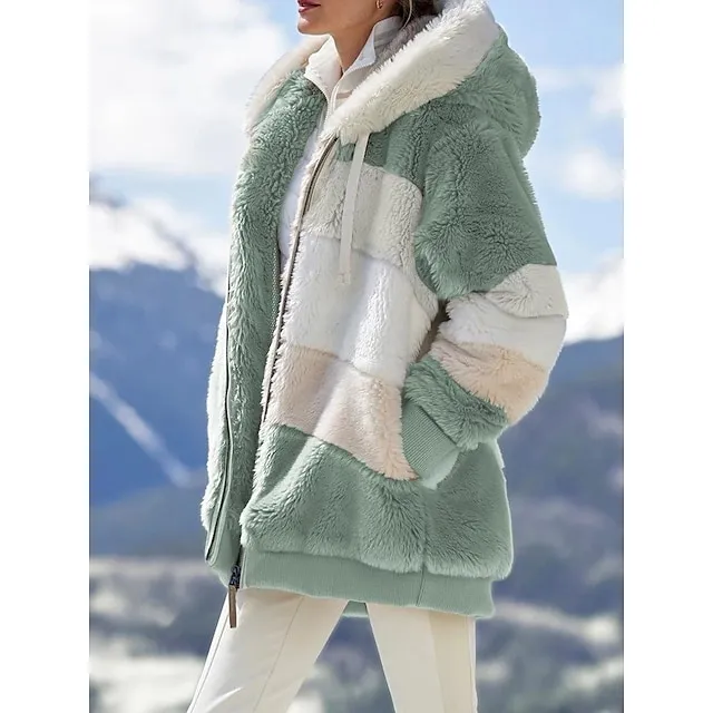 Women's Zip Hoodie Sweatshirt Fleece Pullover Sherpa Fleece Teddy Zip Up Black Wine Blue Color Block Loose Fit Street Casual Hoodie Plus Size Long Sleeve Top Fleece lined Micro-elastic Fall & Winter
