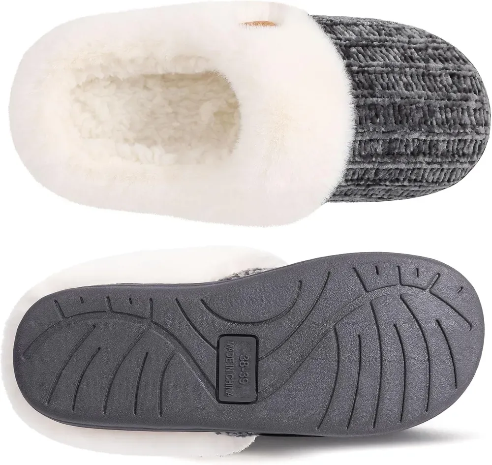 Warm Knit House Slippers for Women Comfy Wool-Like Lined Chenille Slippers with Memory Foam and Indoor Outdoor Soles