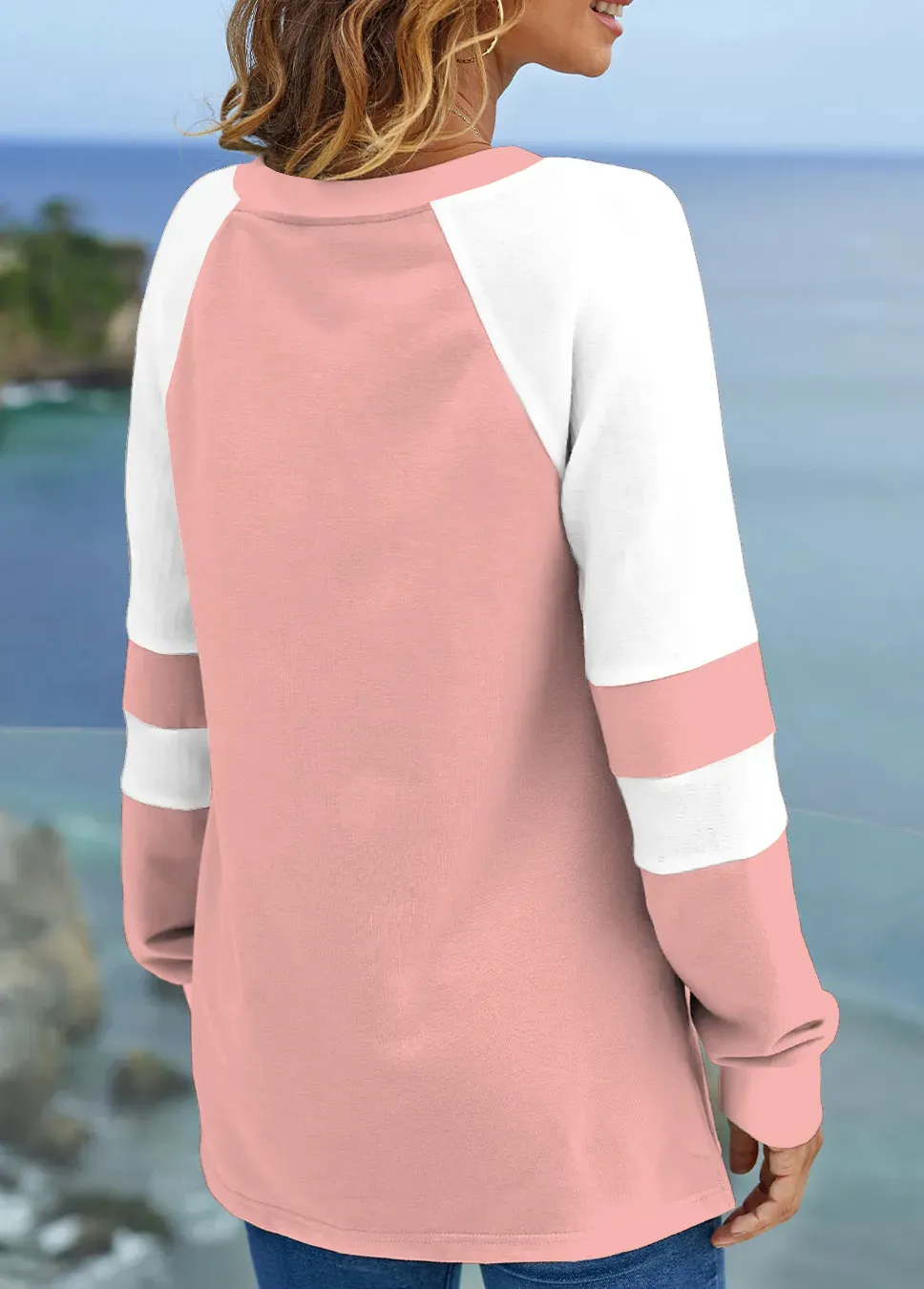 Long Sleeve Split Neck Contrast Sweatshirt