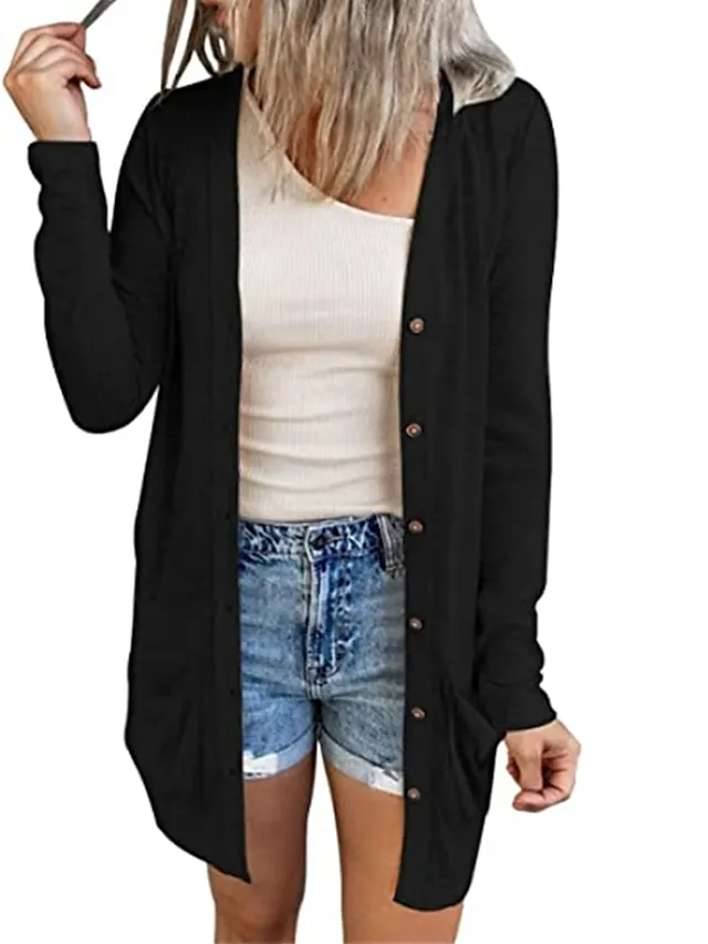 Women's Cardigan Sweater Cowl Ribbed Knit Polyester Button Summer Spring Outdoor Home Halloween Casual Soft Long Sleeve Solid Color Black White Light Green S M L